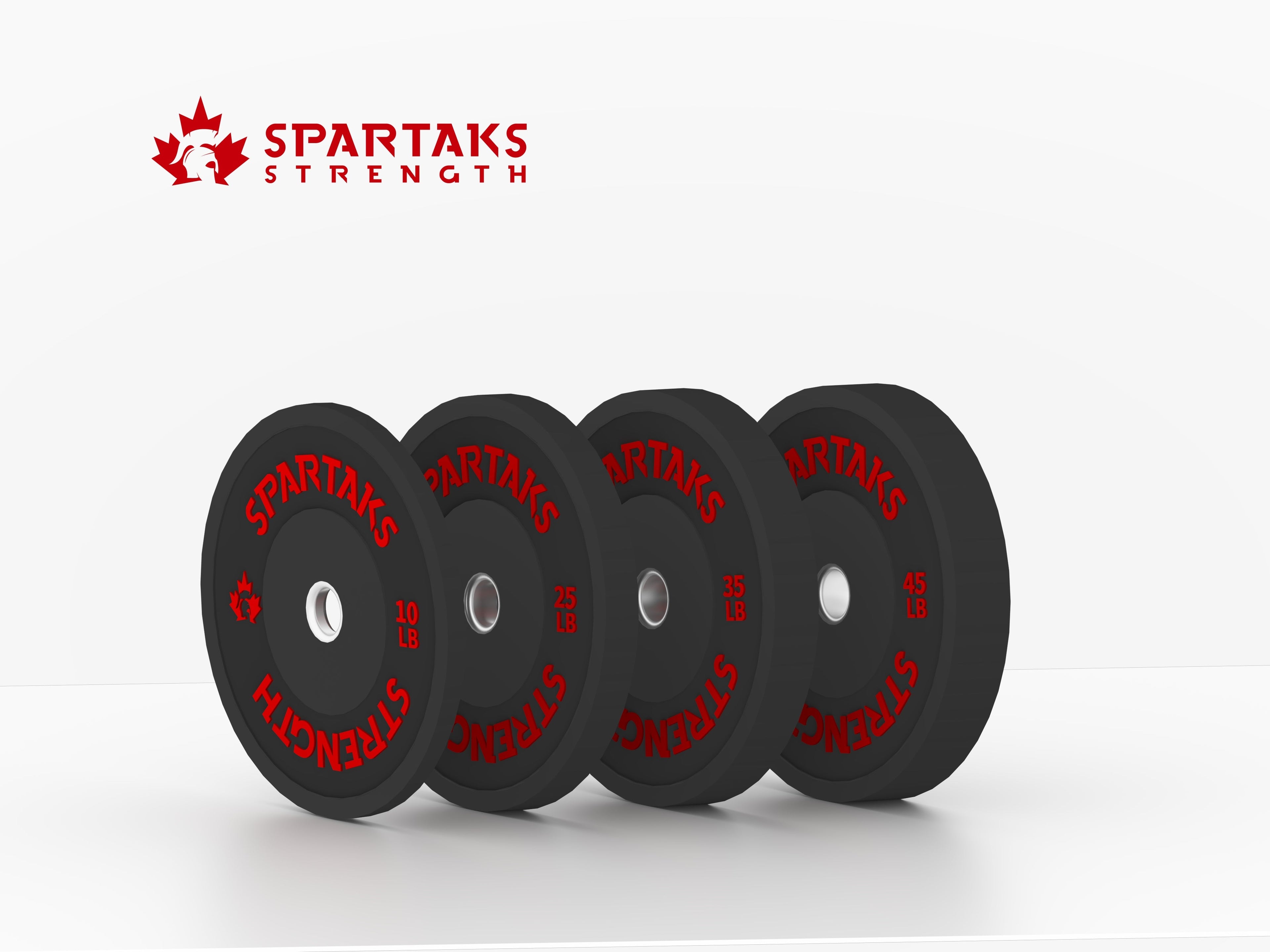 Four black weight plates from 10 to 45lb with red 'Spartaks Strength' branding on a white background.