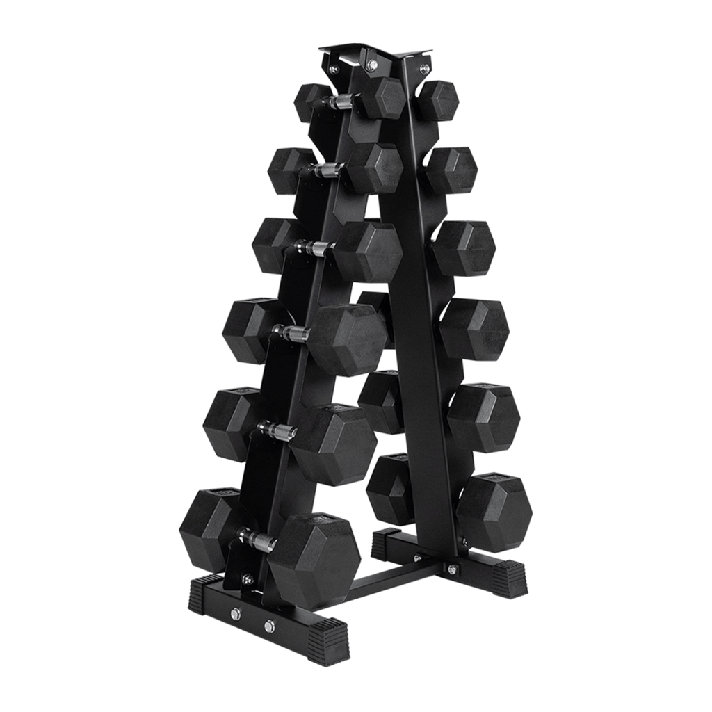 Spartaks Strength 210LB Dumbbell Set with Vertical Rack showcasing hex dumbbells on a sturdy rack for home gym.