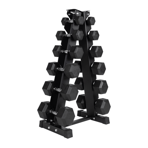 Spartaks Strength 210LB Dumbbell Set with Vertical Rack showcasing hex dumbbells on a sturdy rack for home gym.