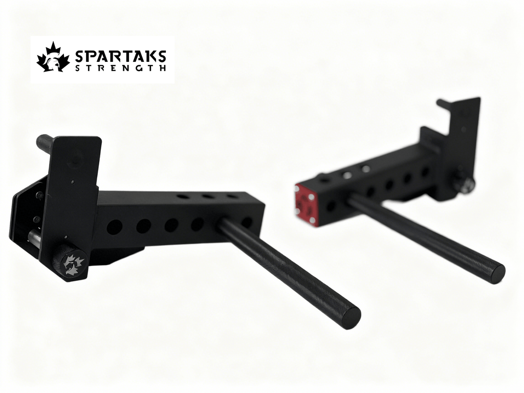 Spartaks Strength Split-type Adjustable Dip Station independent arm adjustment for customizable bodyweight training equipment.