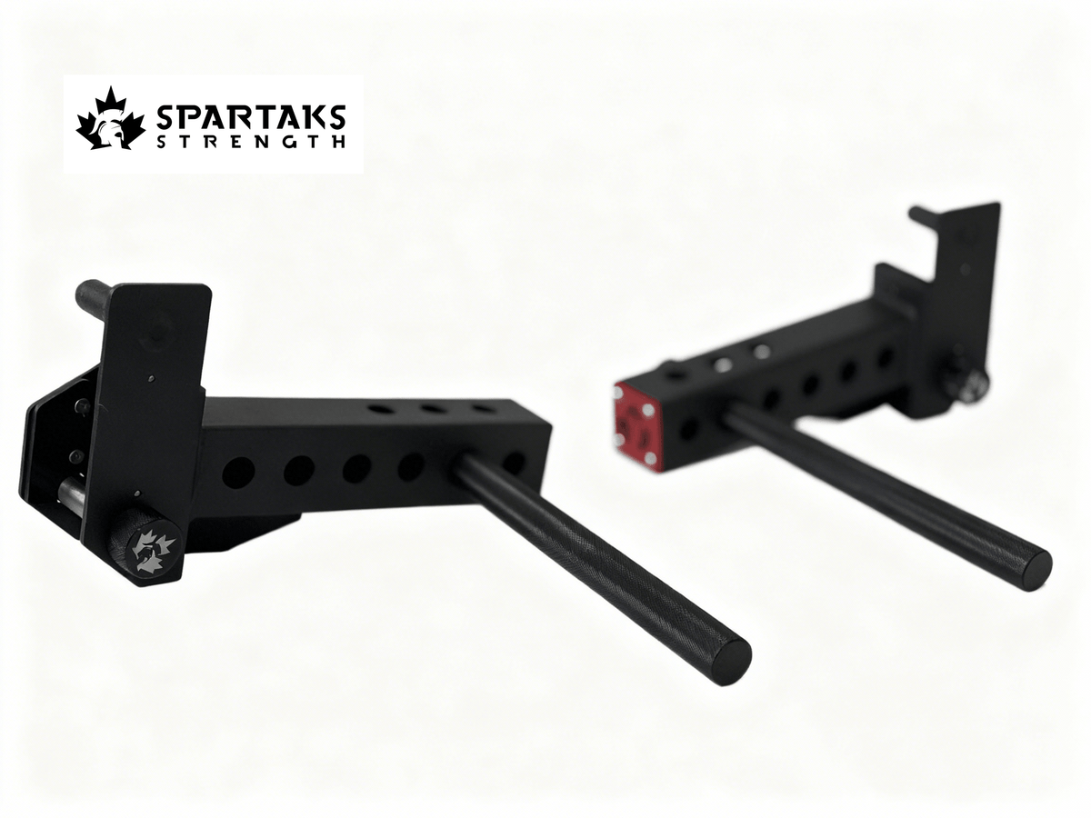 Spartaks Strength Split-type Adjustable Dip Station independent arm adjustment for customizable bodyweight training equipment.