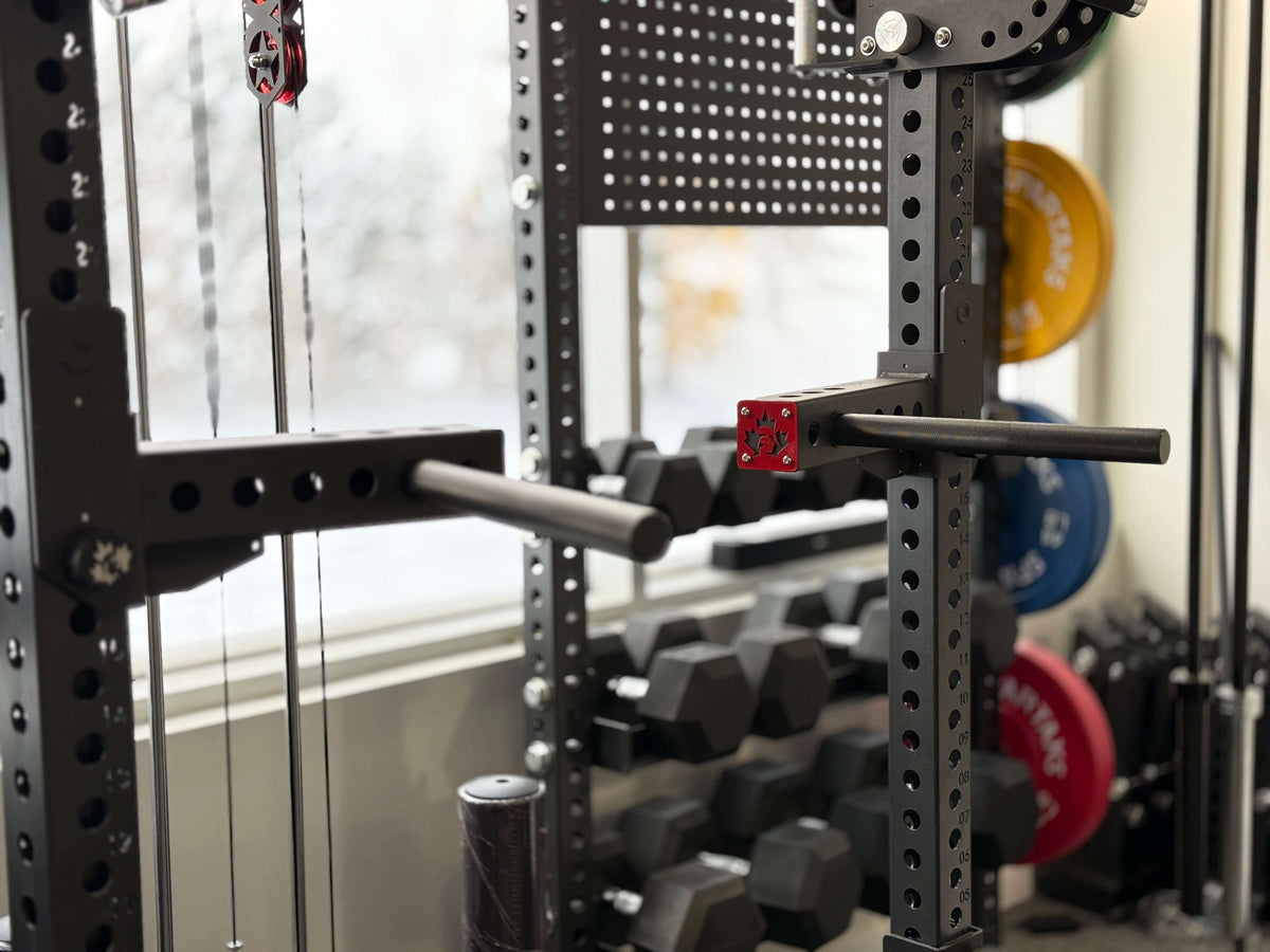 Spartaks Strength Split-type Adjustable Dip Station with independent arm design in a home gym setup.
