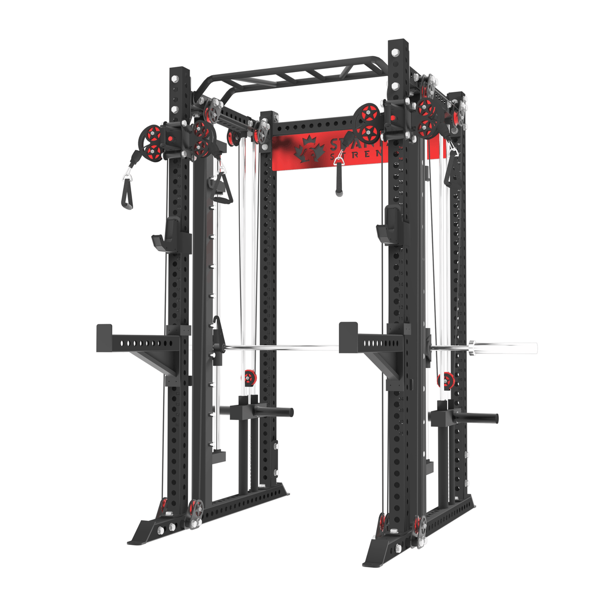 Spartaks Strength KB2403 Functional Smith Machine (3”×3”, 9-Gauge Steel) with dual-pulley cables and pull-up station.