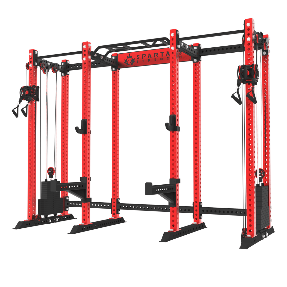 Spartaks Strength KB2408 8-Post Ultimate Bodybuilding Station (3”×3”, 9-Gauge Steel) in red and black for strength training.
