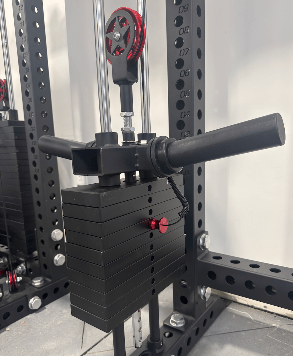 Spartaks Strength KB2402 Functional Squat Rack (3”×3”, 9-Gauge Steel) dual-pulley system with weight stack