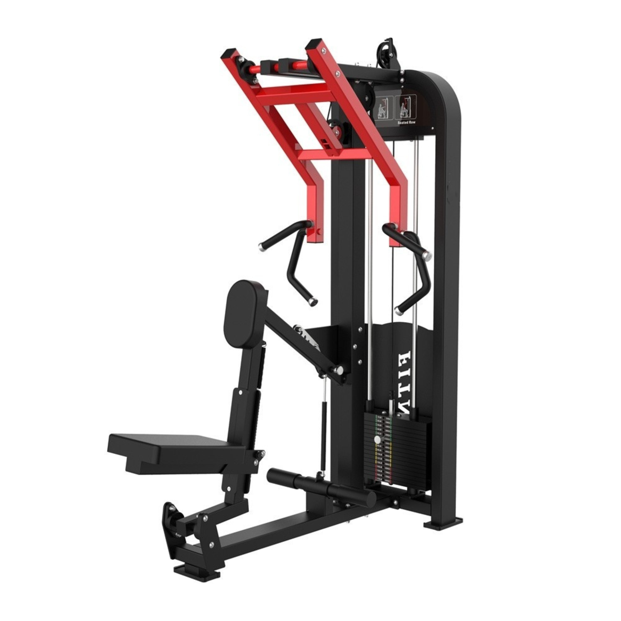 Gym machine with red and black design on a white background