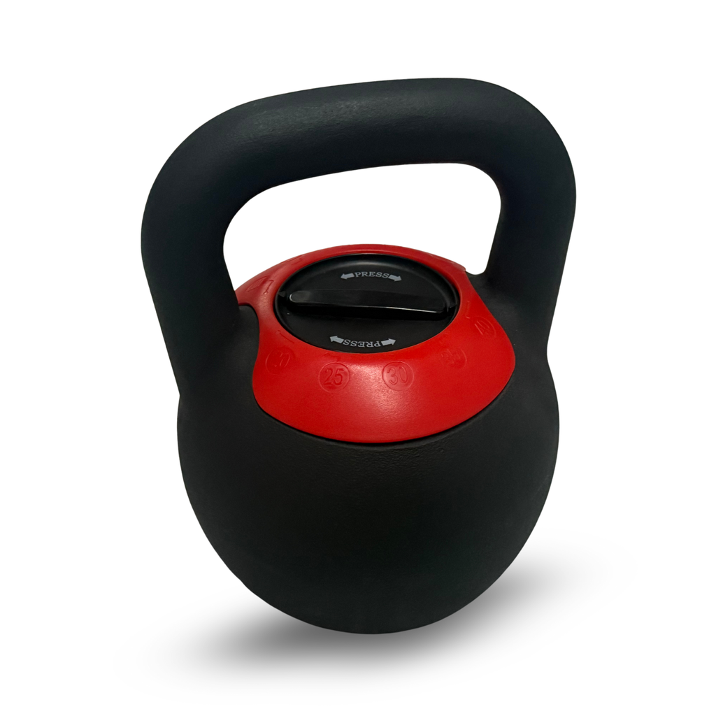 side view of spartaks black and red adjustable kettlebell on a white background