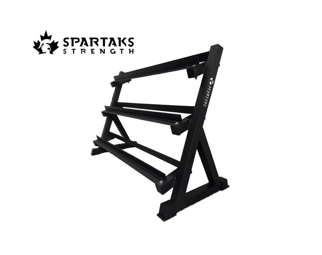 Spartaks Strength 3-Tier Dumbbell Rack for organized, space-efficient storage of dumbbells in home gym equipment Canada.