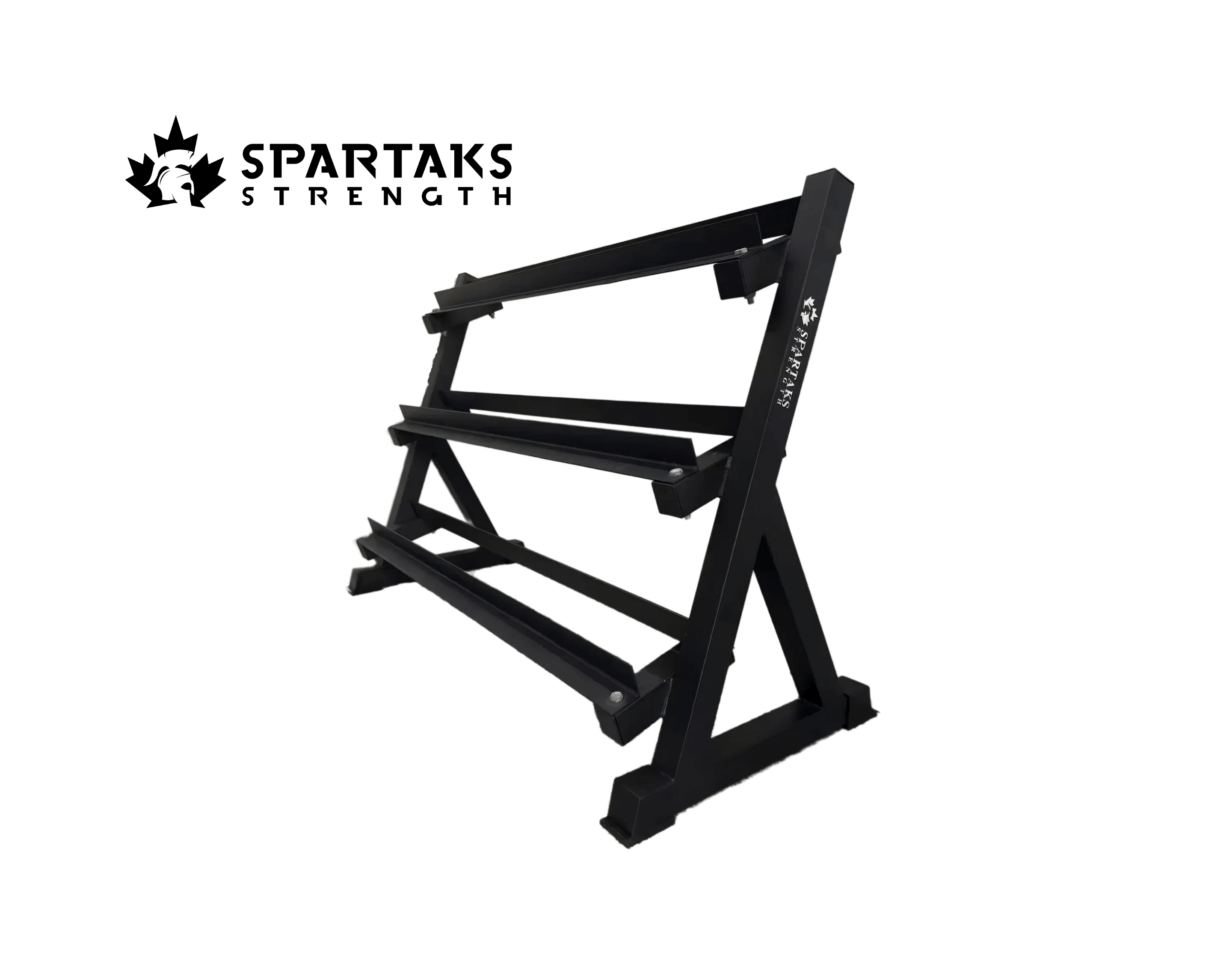 Spartaks Strength 3-Tier Dumbbell Rack for organized, space-efficient storage of dumbbells in home gym equipment Canada.