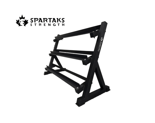 Spartaks Strength 3-Tier Dumbbell Rack for organized, space-efficient storage of dumbbells in home gym equipment Canada.