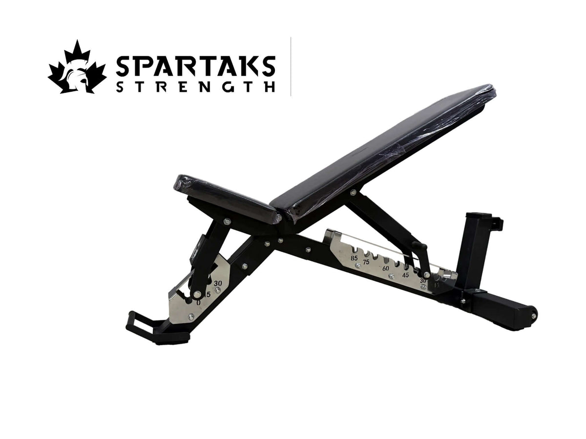 Spartaks Strength Commercial-Grade Heavy-Duty Adjustable Bench side view with adjustable positioning features.