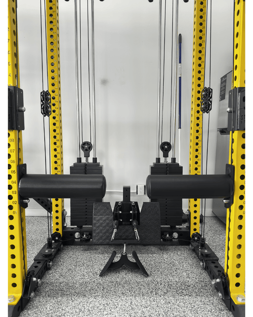 Bulgarian Knee Locker (pair) mounted on a strength training rack, ideal for home gym setup in Canada.