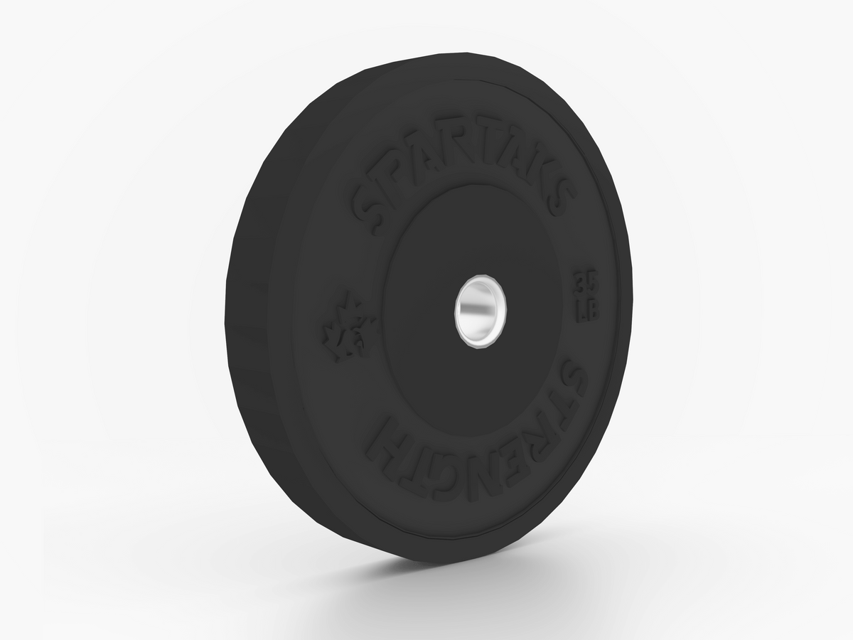 Spartaks Strength High Performance Bumper Plates (10LB to 55LB) - black rubber weight plate for gym workouts.