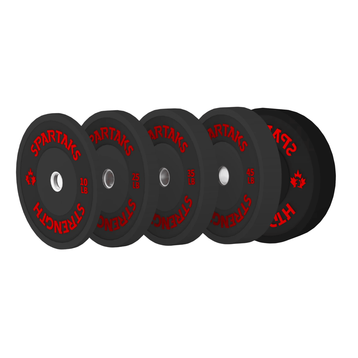 Spartaks Strength High Performance Bumper Plates (10LB to 55LB) in various weights for strength training and fitness.