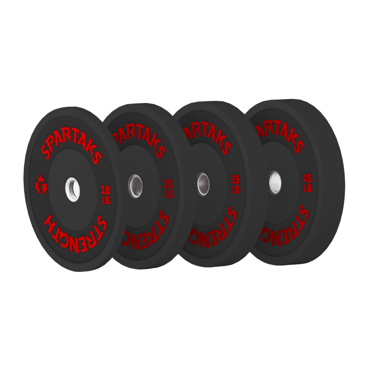 Spartaks Strength High Performance Bumper Plates (10LB to 55LB) displayed in multiple weight options.