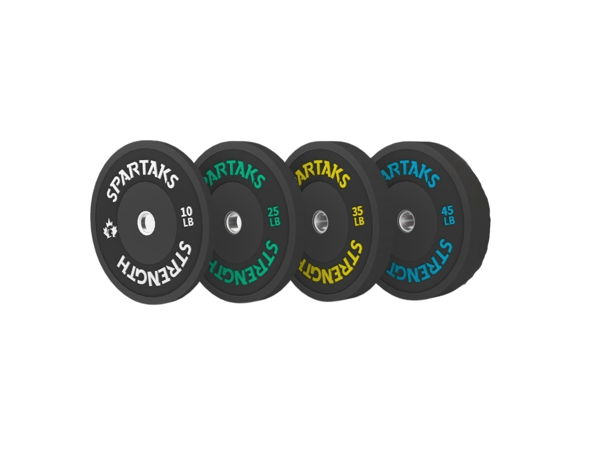 Spartaks Strength High Performance Bumper Plates (10LB to 55LB) displayed in various weight sizes.
