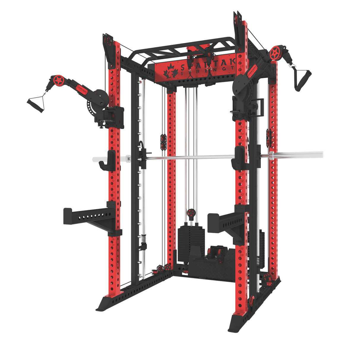 Spartaks Strength KB2406 6-Post Full Rack Functional Trainer (3”×3”, 9-Gauge Steel) showing full gym equipment setup.