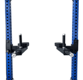 Spartaks Strength Leg Raise and Dip Combo Rack Attachment installed on a blue strength rack.